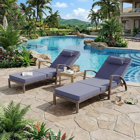 GarveeLife Outdoor Wicker Chaise Lounge Chair with Cushion, Metal Frame Patio Reclining Lounge Bed, All-Weather Rattan Sun Lounger for Poolside, Garden, Backyard & Balcony,Brown Wicker, Blue Cushion
