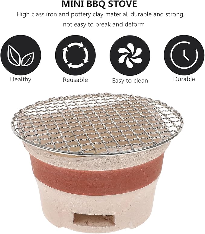 Mini Ceramic Charcoal Barbecue Stove with Grill Net, Portable Korean Style Pottery Bbq Oven for Camping and Household Use, Brown Charcoal Grill Set Color