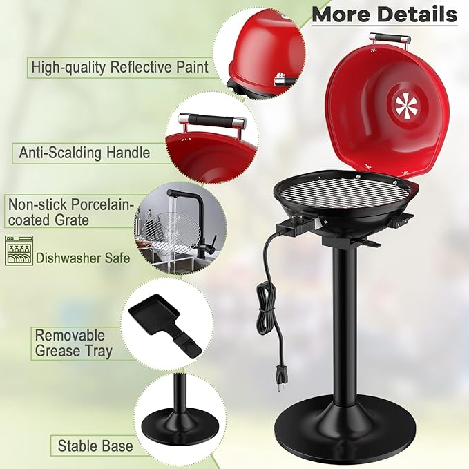 ORALNER Electric Grill Outdoor/Indoor, 15- Serving Electric Barbecue Grill w/Round Lid, Removable Non-Stick Grilling Rack, Oil Drip Tray, 1600W Portable Standing BBQ Grill for Apartment Balcony Patio