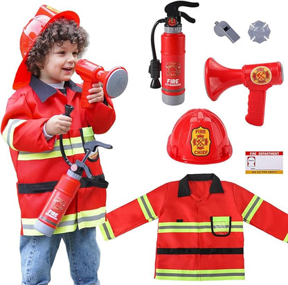 Liberry Firefighter Costume for Kids 3-5, Fireman Toys with Toddler Career Day Outfit, Helmet, Fire Extinguisher, Pretend Play Set for Boys Girls Birthday Gift