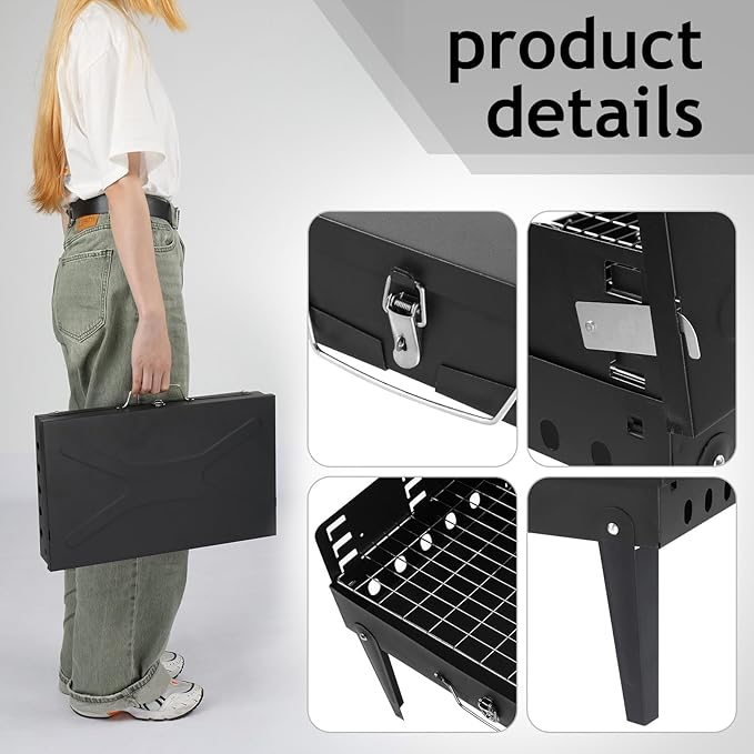 Black Charcoal BBQ Grill Grill, Portable Grill, Barbecue Charcoal Grill for Outdoor Camping Picnic Patio Backyard Cooking，Tabletop BBQ for Indoor/Outdoor, Barbecue Desk Tabletop Outdoor