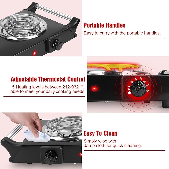 2000W Hot Plate,Portable Electric Stove Countertop Double Coil Burners W/5 Level Temperature Control & Stay Cool Handles, Easy to Clean, Lightweight Cast Iron Electric Stove for RV/Home/Camp 110V