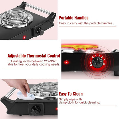 2000W Hot Plate,Portable Electric Stove Countertop Double Coil Burners W/5 Level Temperature Control & Stay Cool Handles, Easy to Clean, Lightweight Cast Iron Electric Stove for RV/Home/Camp 110V