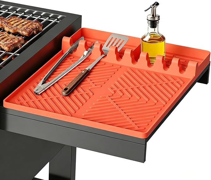 Silicone Grill Mat Compatible with Blackstone Griddle Accessories, Extra-Thick Griddle Tools & Spatula Mat with Drip Pad for Side Shelf, Outdoor BBQ Utensil Holder, Gifts for Men (Orange)