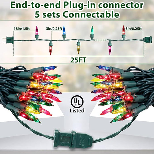 Multicolor Christmas Lights String 25FT 100 Count Incandescent Bulbs Mini Lights with Green Wire for Christmas Tree, Garland, Wedding, Party, Home, Indoor & Outdoor Festival Decoration