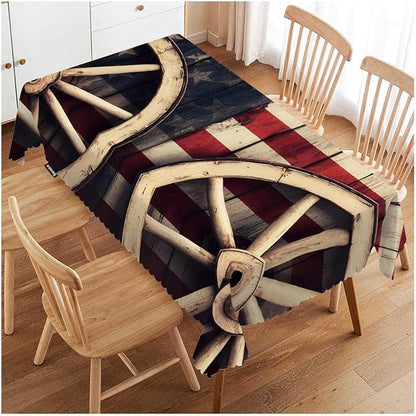 Swono American Flag 52"X70" Oblong Table Cloth Retro Wooden Wagon Wheels USA Flag Wrinkle Free Table Cover Farmhouse Tablecloth for Home Restaurant Picnic Indoor Outdoor Dining