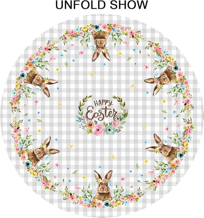 Sweetshow Happy Easter Wreath Table Cloth Round Colorful Flowers Grey White Buffalo Plaid Rabbit Tablecloth 70 Inch Decor Washable Stain and Wrinkle Spring Floral Round Table Cover for Dining Picnic