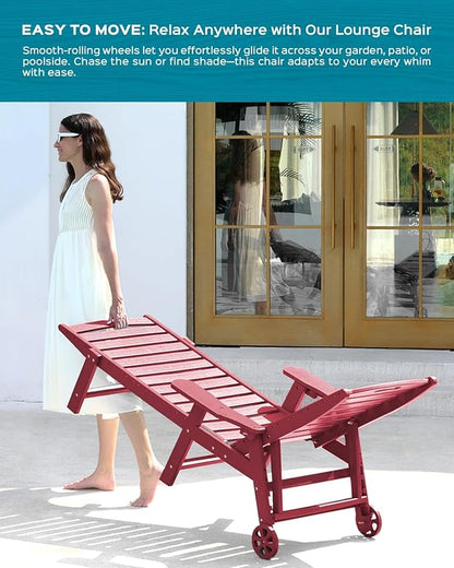 Ciokea Outdoor Chaise Lounge Chair Set of 2, Patio Lounge Chairs for Outside, HDPE Lounge Chair with Wheels & Cup Holder, Poly Chair with 5 Position for Poolside, Deck, Red