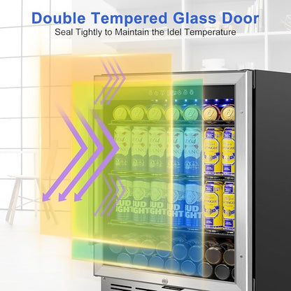 24" 200-Can Beverage Fridge, Under Counter/Freestanding with Glass Door | Temp memory, Reversible door, Quick cool, Beer soda wine, Adjustable shelves, Energy efficient, Digital display, Home bar