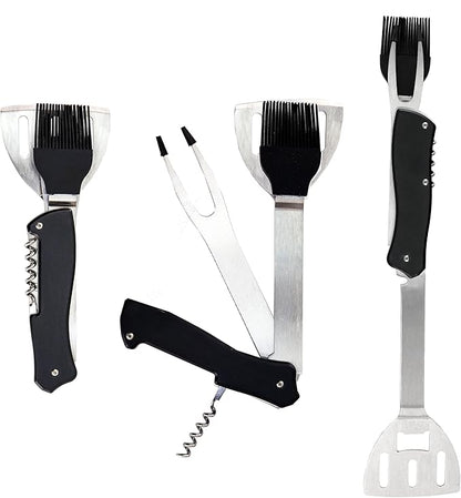 Iconikal 4-in-1 Folding Collapsible Swiss Camping Grilling Tool, Turner, Brush, Fork, Corkscrew