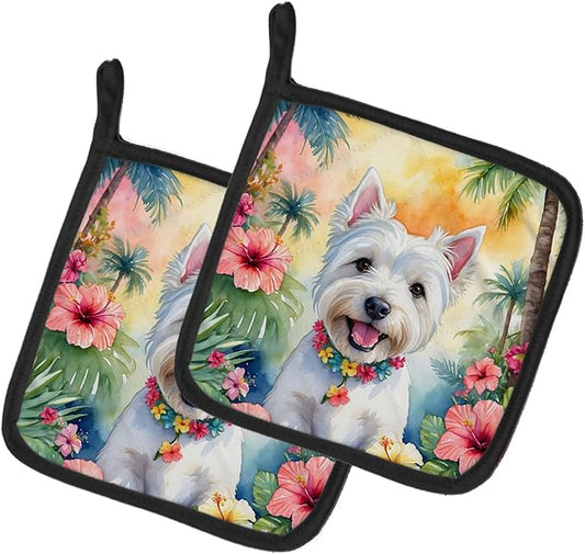 Caroline's Treasures Westie Luau Pair of Pot Holders Kitchen Heat Resistant Pot Holders Sets Oven Hot Pads for Cooking Baking BBQ, 7 1/2 x 7 1/2