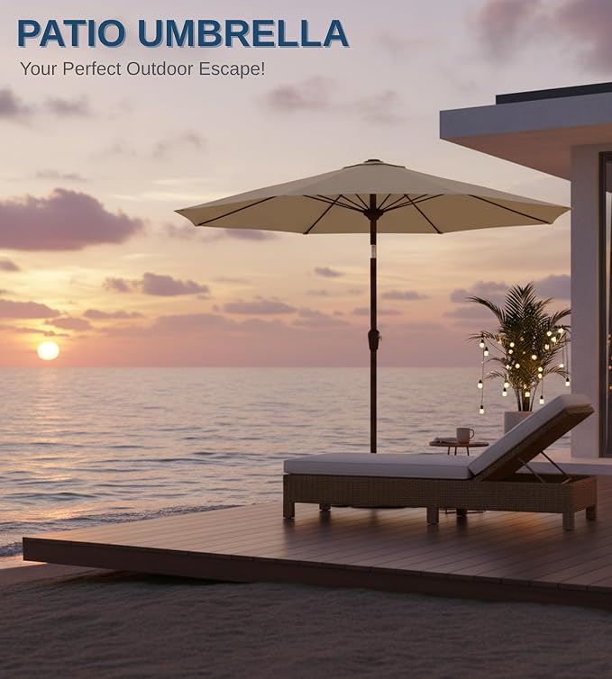 9FT Auto-Tilt Patio Umbrella|Outdoor Market Table Umbrella with 8 Fiberglass Ribs for Pool,Deck&Backyard
