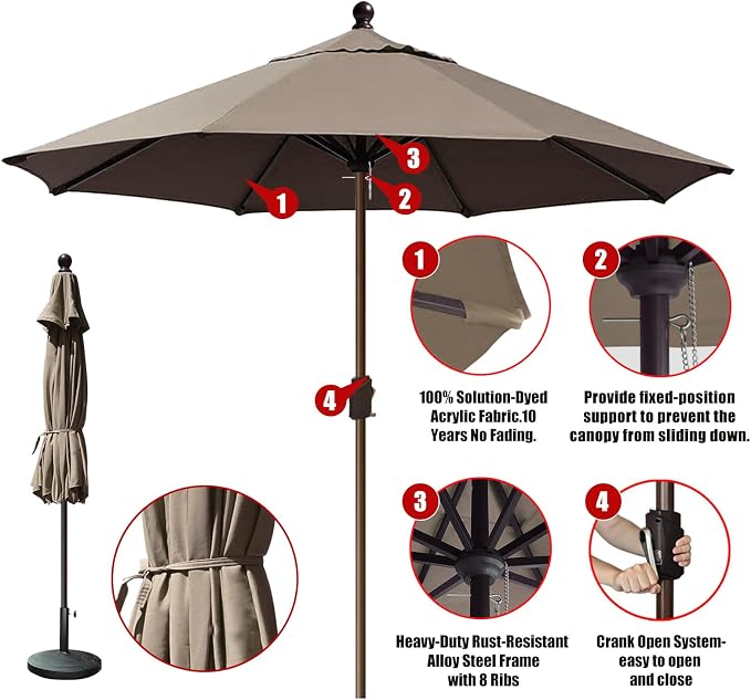 EliteShade USA 10-Year-Non-Fading 10Ft Market Patio Umbrella, UPF 50+ UV Protection Performance Sun Umbrella, Heavy Duty Commercial Grade Outdoor Table Umbrella with Crank, Windproof Vented Top for Garden, Pool, Deck and Outdoor Playsets, No Tilt, Taupe