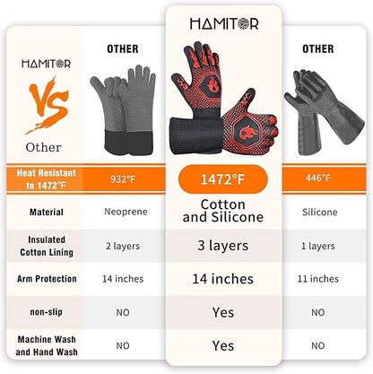 HAMITOR BBQ Grill Gloves : 1472 ℉ High Temp Resistance Fireproof Glove for Grilling Barbecue - Washable Long Silicone Oven Mitts Extreme Hot Proof Mittens for Kitchen Cooking Baking