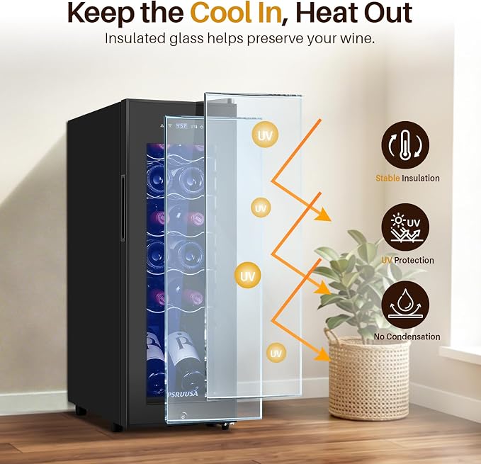 12 Bottle Wine Fridge, Slim Wine Cooler Refrigerator with Glass Door for Red, White, Champagne, Compressor Cooling, Freestanding Wine Refrigerator for Home Bar, Apartment, Office