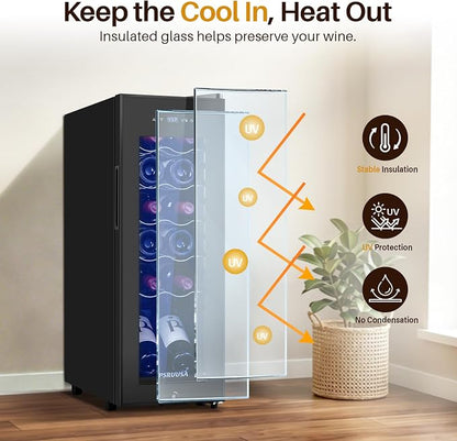 12 Bottle Wine Fridge, Slim Wine Cooler Refrigerator with Glass Door for Red, White, Champagne, Compressor Cooling, Freestanding Wine Refrigerator for Home Bar, Apartment, Office