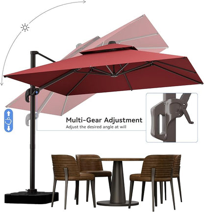 10x10FT Cantilever Outdoor Patio Umbrellas，Double Top Large Square Umbrella Heavy Duty 360°Rotation Offset Outdoor Sun Shade Umbrella for Garden Deck Pool Backyard Patio, Red