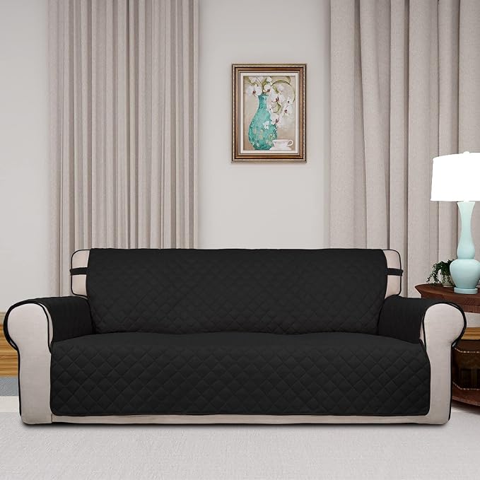 PureFit Reversible Quilted Sofa Cover Dog Couch Covers for Sofa, 66 in | Black/Black, Water Resistant Couch Protector, Washable Pet Couch Cover with Non Slip and Elastic Straps For Kids