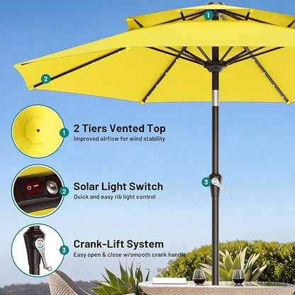 AreShark 9ft 2 Tiers Patio Umbrella with Solar Lights, Outdoor Umbrella w/ 32 LED Lights&8 Sturdy Ribs, Table Umbrella for Deck, Backyard, Pool(Yellow)