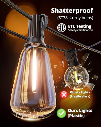 VIPAR LED Outdoor String Lights, 100FT Patio Lights with 32 Edison Shatterproof Bulbs, IPX5 Waterproof Outside Hanging Light Connectable for Backyard Porch Balcony Garden Deck Decor, E12 Base, Black