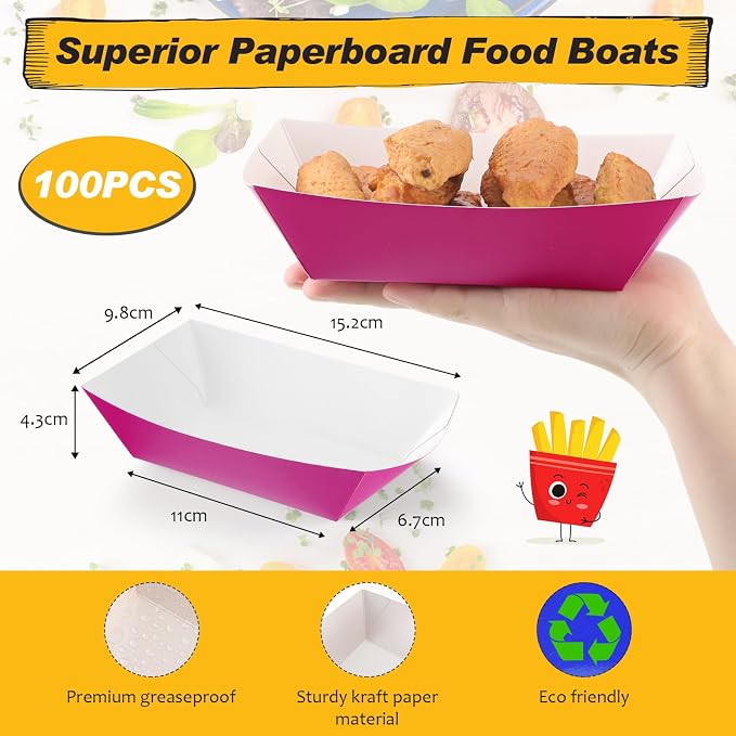 100 Pcs 2lb Paper Food Trays Boat Nacho Boats for Hot Dogs, Purple | Grease-Resistant, Disposable Kraft Paper Boat for Tacos Concession, Food Trucks, Birthday, Wedding, Christmas, Halloween