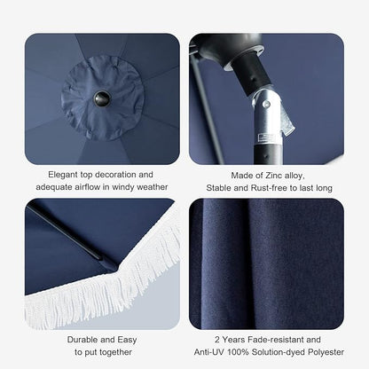 Tempera 9ft Auto Tilt Patio Umbrellas with Fringe, Outdoor Market Umbrellas with Fade Resistant Canopy, 8 Sturdy Rids, Luxurious Vintage Umbrellas for Lawn, Pool, Deck, Balcony