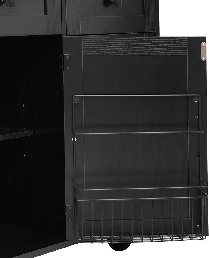 Bellemave 46.5" Farmhouse Kitchen Island cart with Charging Station and with Drape of Beads, Rolling Kitchen Island Table with Drop-Leaf, 3 Drawers, Black