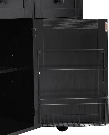Bellemave 46.5" Farmhouse Kitchen Island cart with Charging Station and with Drape of Beads, Rolling Kitchen Island Table with Drop-Leaf, 3 Drawers, Black