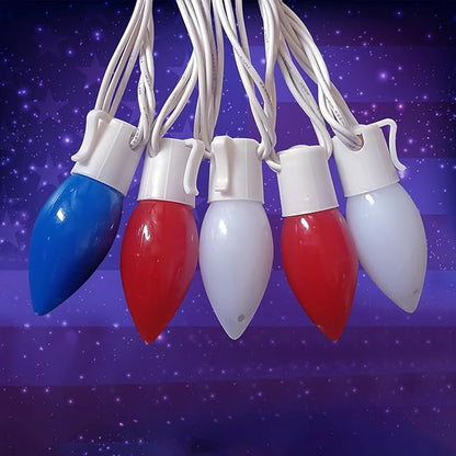 25Ft Red White and Blue Christmas Lights C9, 25 LED Fourth of July Light Shatterproof Plug in Outdoor Patriotic Lights for Patio Home Independence Day Memorial Day Christmas Decor