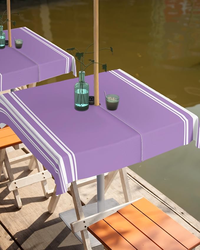 QueenKer Farmhouse Outdoor Tablecloth with Umbrella Hole, Purple White Stripe Square Tables Zippered Table Cloth Waterproof Tabletop Table Cover Collection for Patio, Garden, Picnic, Camping, Dining