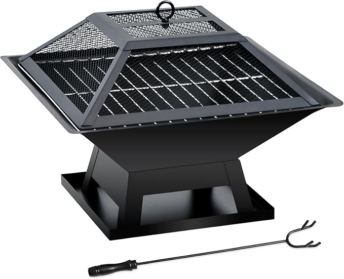19.8inch Portable Small Fire Pit with a Removable Ash Pan, Fire Poker, Mesh Lid, 2 in 1 Square Outdoor Fireplace for BBQ, Outside Heating, Bonfire Party, Camping, Backyard, Patio, RV Trip