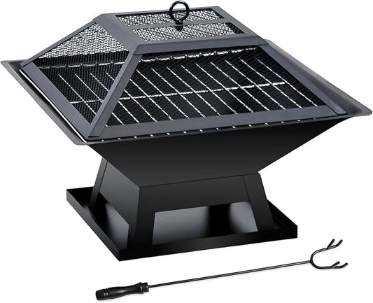 19.8inch Portable Small Fire Pit with a Removable Ash Pan, Fire Poker, Mesh Lid, 2 in 1 Square Outdoor Fireplace for BBQ, Outside Heating, Bonfire Party, Camping, Backyard, Patio, RV Trip