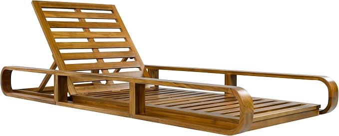 Merax 2 Piece Teak Finish Acacia Wood Chaise Lounge - 2 Pcs Frame + 2 Pcs 4" 4-Fold Beige Water-Resistant Cushion, 400lbs Capacity, Adjustable Outdoor Recliner for Patio Poolside Backyard