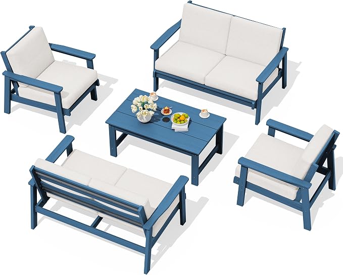 SERWALL HDPE Patio Furniture Set, 5 Piece All Weather Wood-Like Sectional Outdoor Furniture Set for Deck, Lawn, Blue Patio Sofa Couch with Khaki Cushions