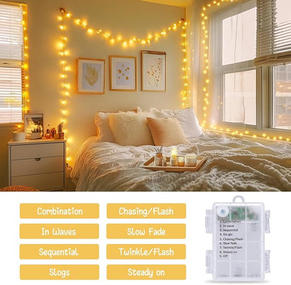 JMEXSUSS Remote Control String Lights Battery Operated Classroom Lights | Waterproof, 66ft 200 LED Warm White Christmas Lights Outdoor Indoor, Twinkle Classroom Dorm Lights for Bedroom Patio Decor