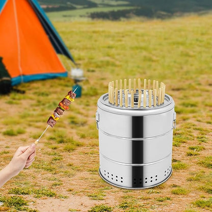 Stainless Steel Smokeless Barbecue Surround Charcoal Grill, Large Portable Barbecue Charcoal Barrel Grill with 30 Skewer, For Camping, Picnics & Backyard Cooking