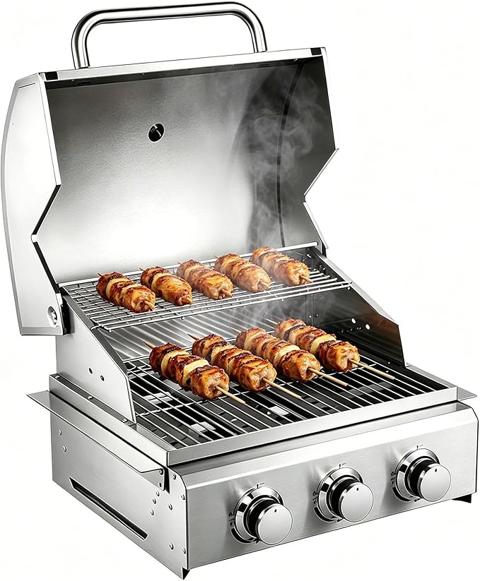 3-Burner Built-In Grill, Stainless Steel Propane Grill with Drawer-Style Oil Drip Tray, 30,000 BTU for Patio Backyard Parties Barbecue