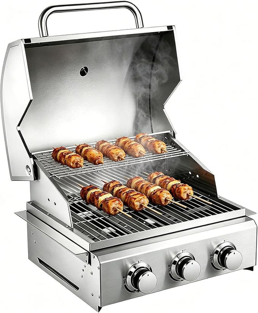 3-Burner Built-In Grill, Stainless Steel Propane Grill with Drawer-Style Oil Drip Tray, 30,000 BTU for Patio Backyard Parties Barbecue