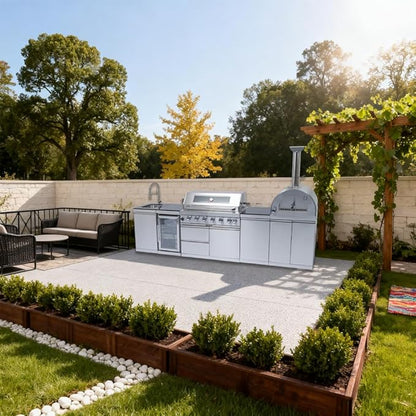 128-Inch 120000- BTU Stainless Steel Propane Gas BBQ Grill Modular Outdoor Kitchen Island,485Sq.In Cooking Area,Pizza oven,Wine Cooler,Refrigerator,Rotisserie,Storage Cabinets & Drawers,Silver