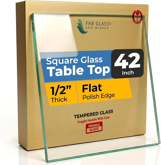 Tempered Glass Table Top 42 Inch Square Flat Polished Edge Clear Surface 1/2 Inch Thick for Home Office or Outdoor Furniture by Fab Glass and Mirror