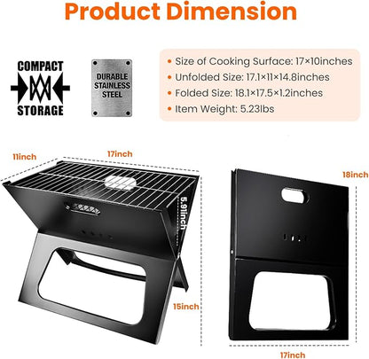 Folding Charcoal Grills, Black Notebook-Style Small Portable BBQ Grill for Outdoor Camping, Picnics, Cooking, Bonfire, Patio, Backyard