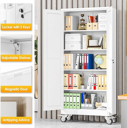 PAOFIN 71''H Tall Metal Garage Storage Cabinet with Wheels,Steel File Cabinets with 2 Doors and 4 Adjustable Shelves for Home Office, Warehouse, Required Assembly,White