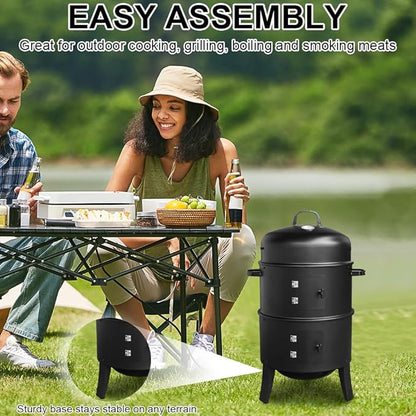 Vertical Charcoal Smoker with Built-in Thermometer Air Vent Round BBQ Grill 2 Access Doors for Outdoor Cooking Camping