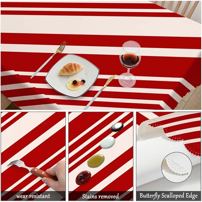 Swono Tablecloth 52"X70" Red and Cream Stripes, Christmas Pattern Candy Cane Lines Rectangle Table Cover Anti-Oil Tablecloth for Dining Tables, Parties, Wedding and Banquet Decoration