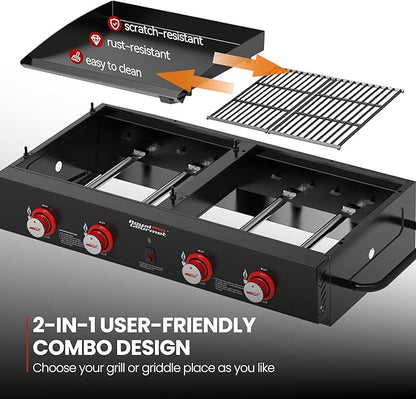 Royal Gourmet GD4002T 4-Burner Tailgater Grill and Griddle Combo, Portable Flat Top Propane Gas Grill with 40,000 BTUs Output for Backyard or Outdoor Cooking, Black