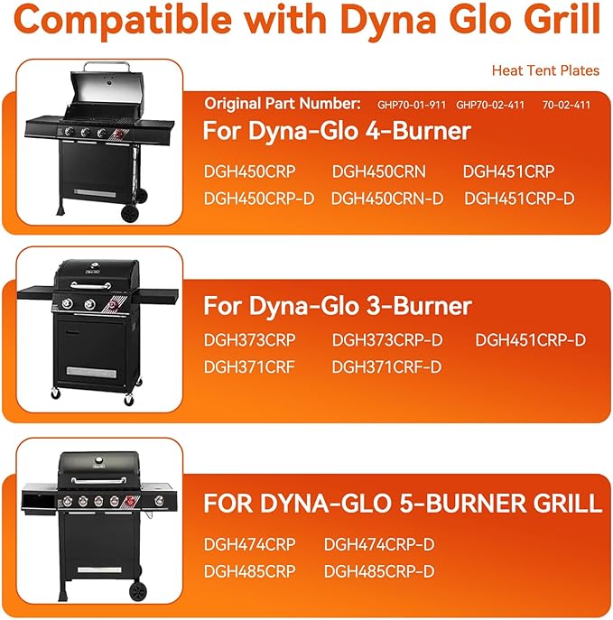 Grill Replacement Parts for Dyna-Glo 4 Burner DGH450CRP DGH451CRP, Set of 4 Porcelain Steel Grill Heat Plates Shield + 3-Pack Cast Iron Cooking Grill Grates Kit for Dyna Glo 3/4 Burner Grill