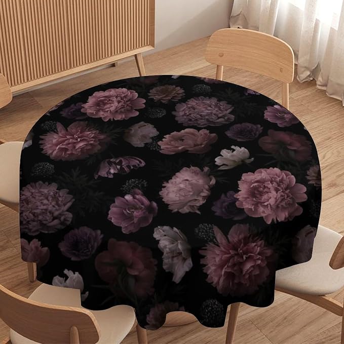 Vintage Florals Round Tablecloth, Gothic Summer Garden Peonies Flowers Rustic Roses Boho Botanical Plant Water Resistant Wipeable Table Cover for Picnic Party Holiday Kitchen Dinner Table 36"