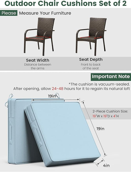 Outdoor Chair Cushion 19 x 19 x 4 Inches Patio Furniture Outdoor Waterproof Seat Cushion, Patio Chair Cushion with Handles and Ties, Square Dining Chair Cushion Set of 2, Sky Blue