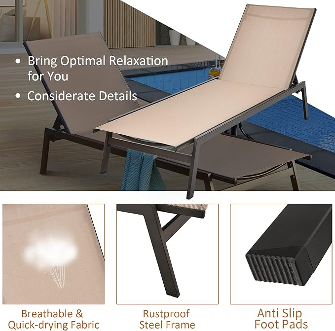 Tangkula Outdoor Chaise Lounge Chair Set of 2, 6-Position Adjustable Reclining Chair with Breathable Fabric and Heavy Duty Steel Frame, Patio Lounge Chair for Garden, Backyard and Poolside (2, Brown)
