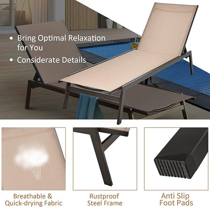 Tangkula Outdoor Chaise Lounge Chair Set of 2, 6-Position Adjustable Reclining Chair with Breathable Fabric and Heavy Duty Steel Frame, Patio Lounge Chair for Garden, Backyard and Poolside (2, Brown)
